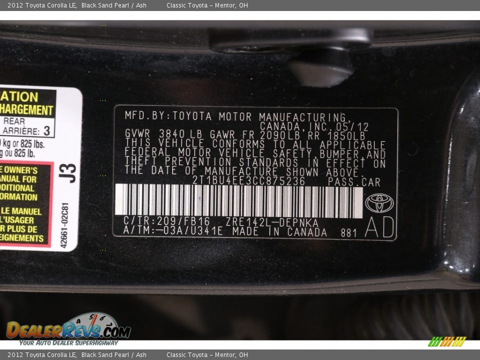 2012 Toyota Corolla LE Black Sand Pearl / Ash Photo #16