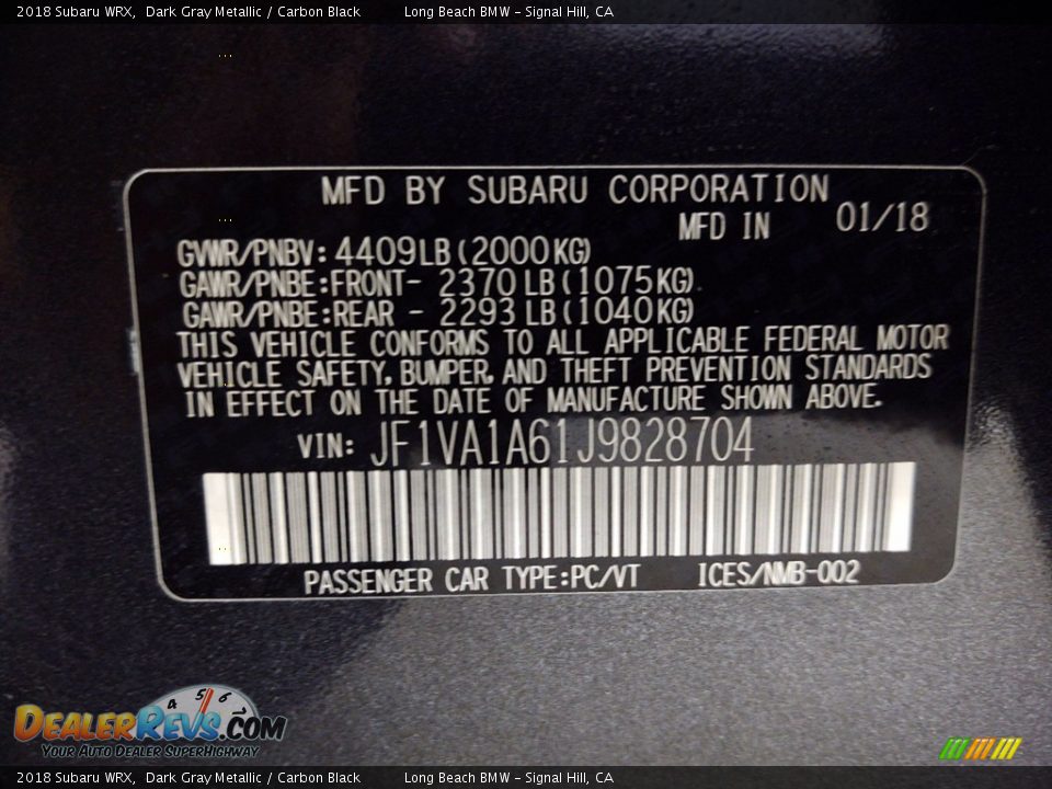 2018 Subaru WRX Dark Gray Metallic / Carbon Black Photo #35