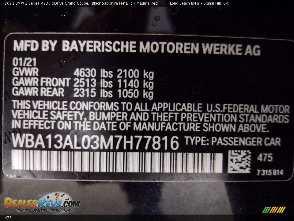 BMW Color Code 475 Black Sapphire Metallic