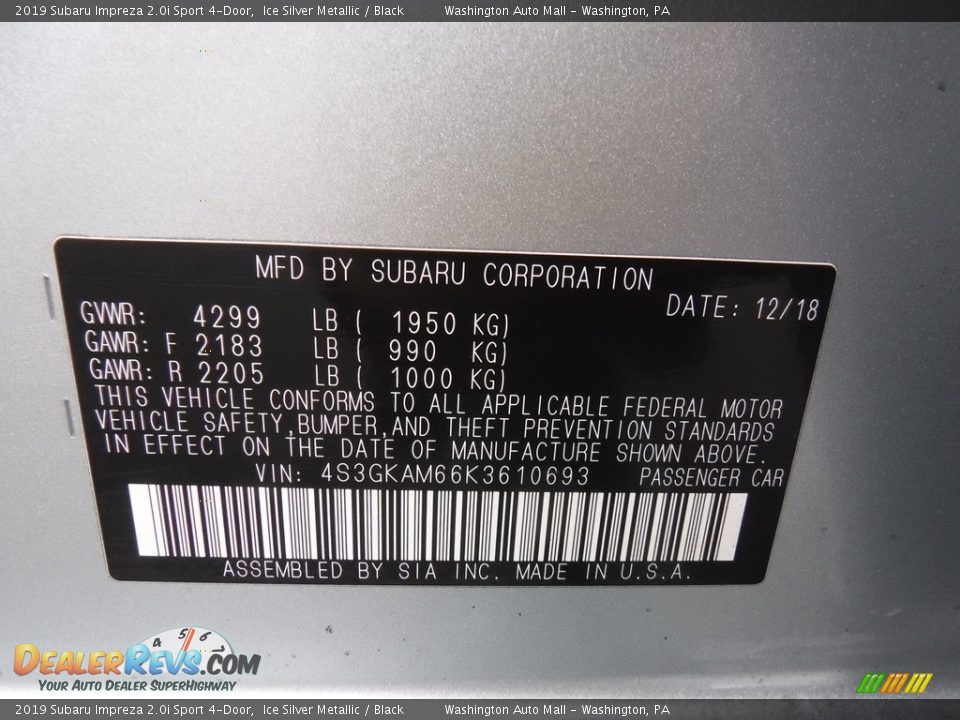 2019 Subaru Impreza 2.0i Sport 4-Door Ice Silver Metallic / Black Photo #24