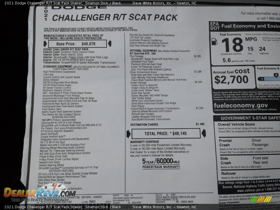 2021 Dodge Challenger R/T Scat Pack Shaker Window Sticker Photo #26