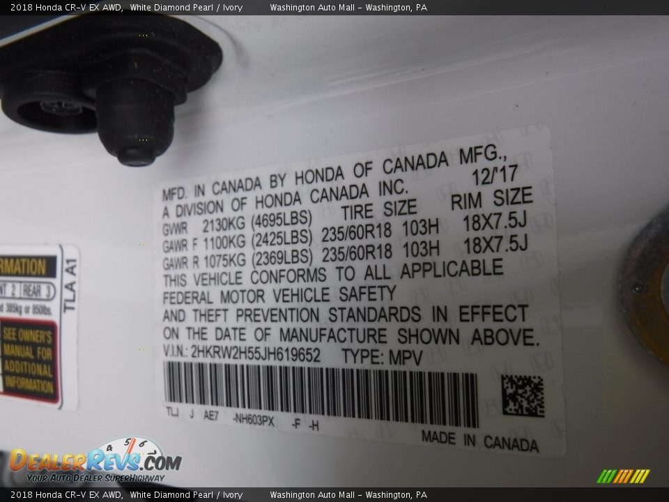 2018 Honda CR-V EX AWD White Diamond Pearl / Ivory Photo #27