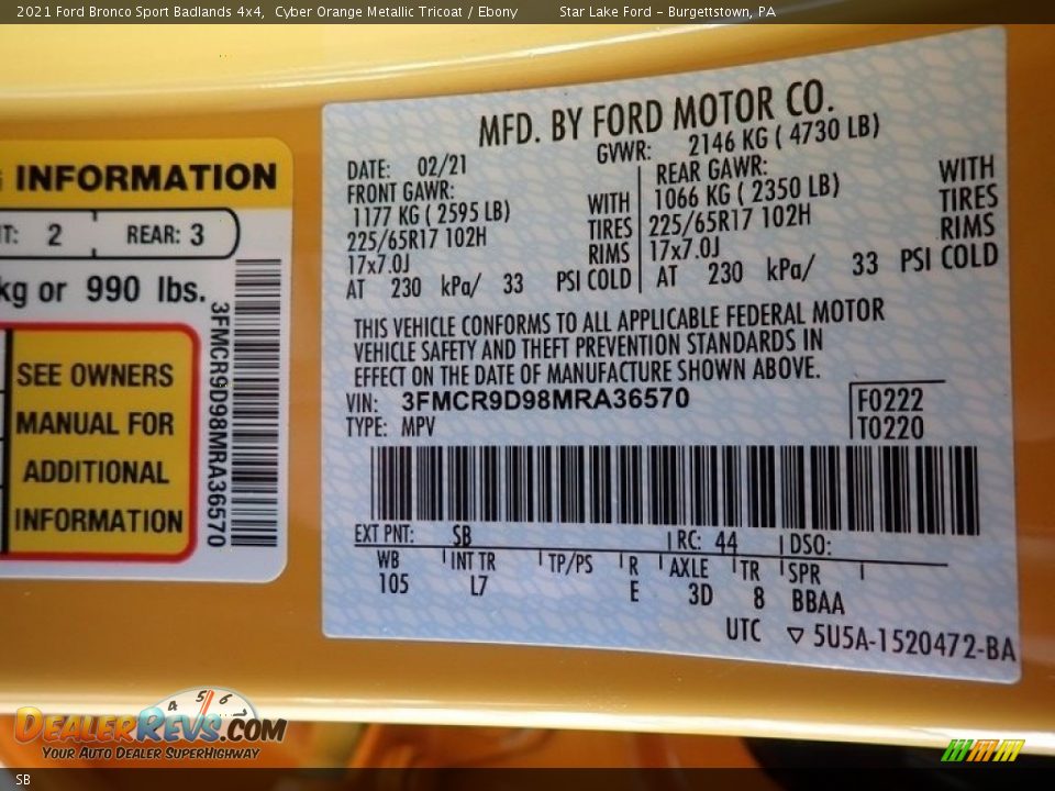 Ford Color Code SB Cyber Orange Metallic Tricoat