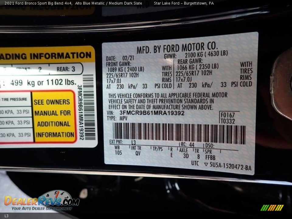 Ford Color Code L3 Alto Blue Metallic