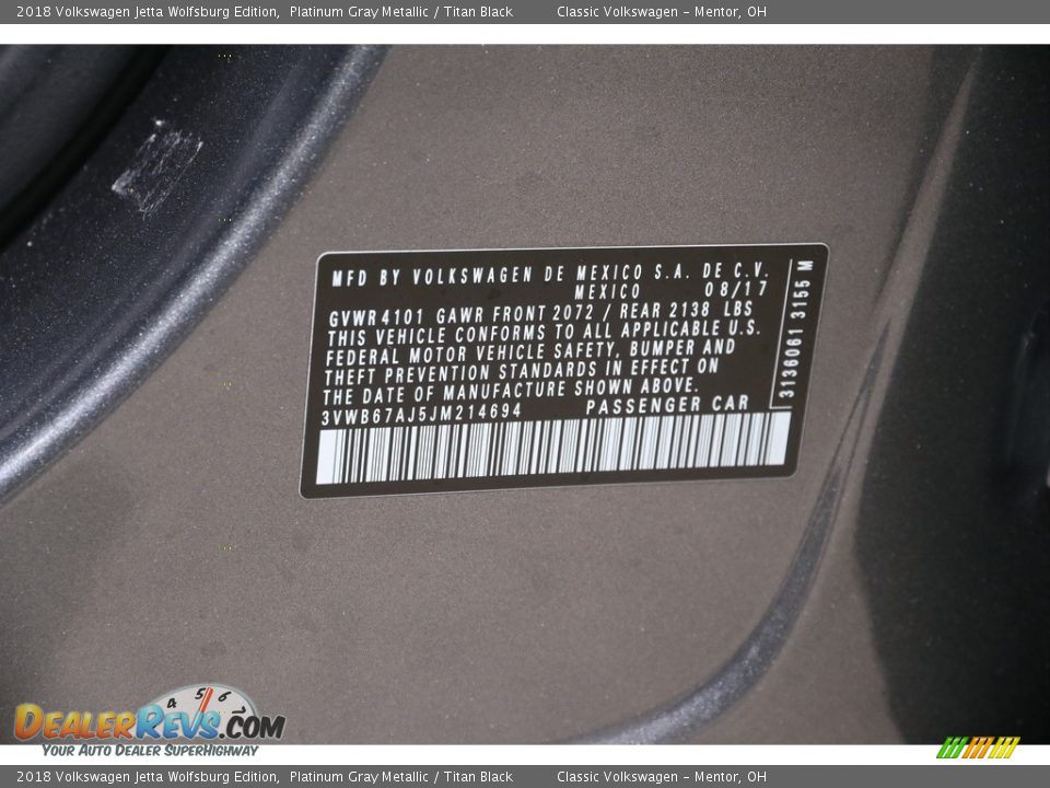 2018 Volkswagen Jetta Wolfsburg Edition Platinum Gray Metallic / Titan Black Photo #19