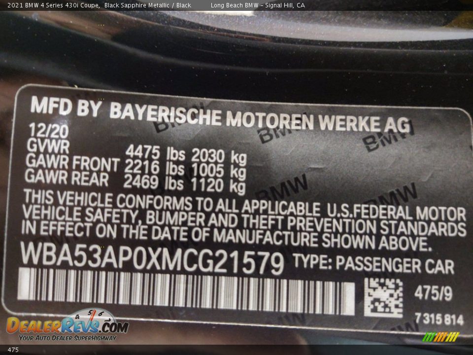 BMW Color Code 475 Black Sapphire Metallic