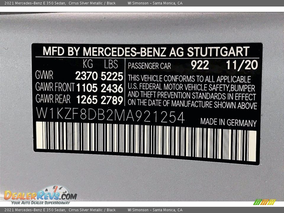 2021 Mercedes-Benz E 350 Sedan Cirrus Silver Metallic / Black Photo #10