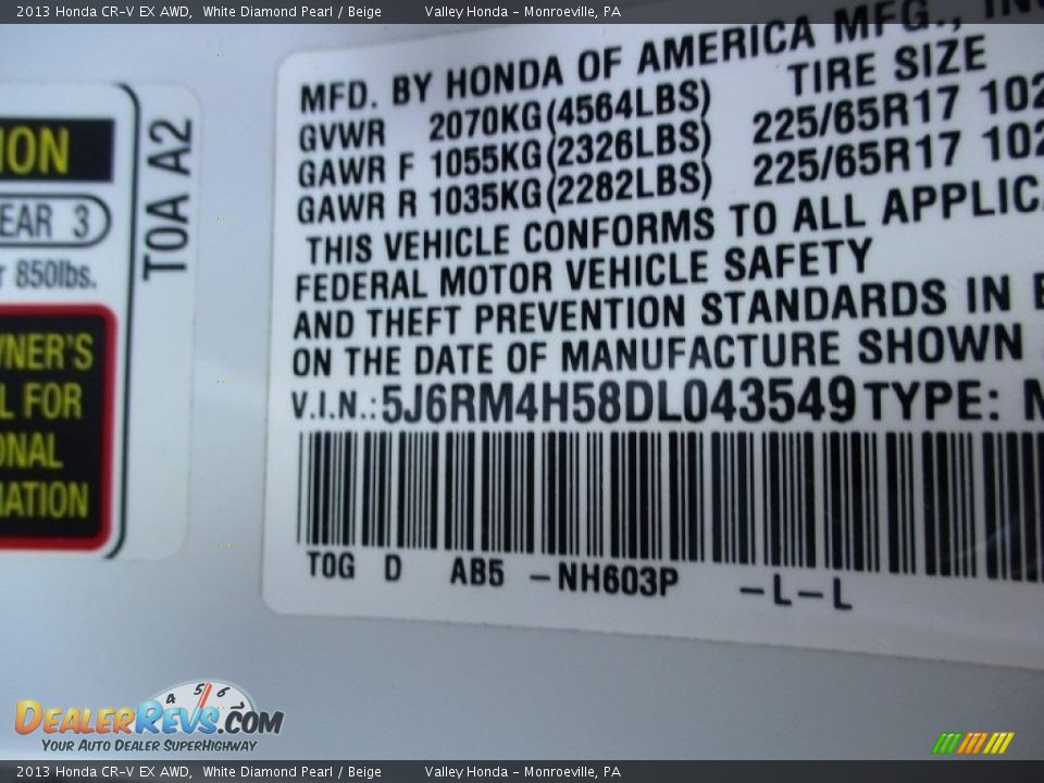 2013 Honda CR-V EX AWD White Diamond Pearl / Beige Photo #19