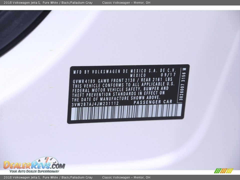 2018 Volkswagen Jetta S Pure White / Black/Palladium Gray Photo #18