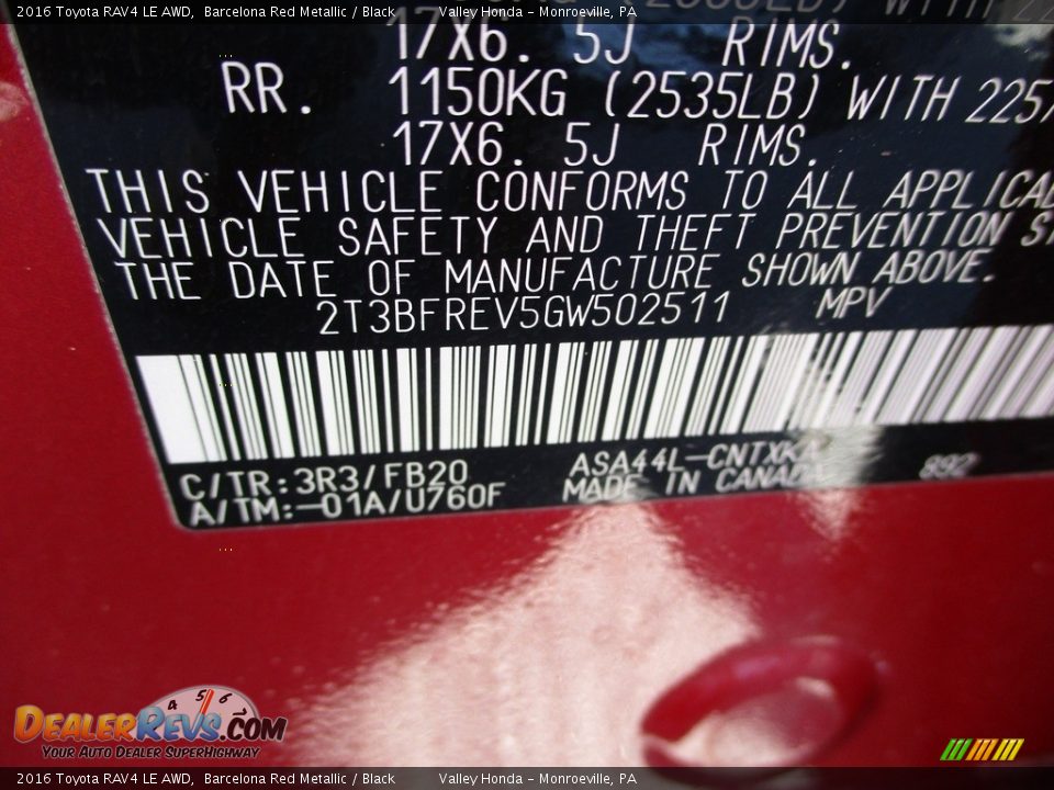 2016 Toyota RAV4 LE AWD Barcelona Red Metallic / Black Photo #20