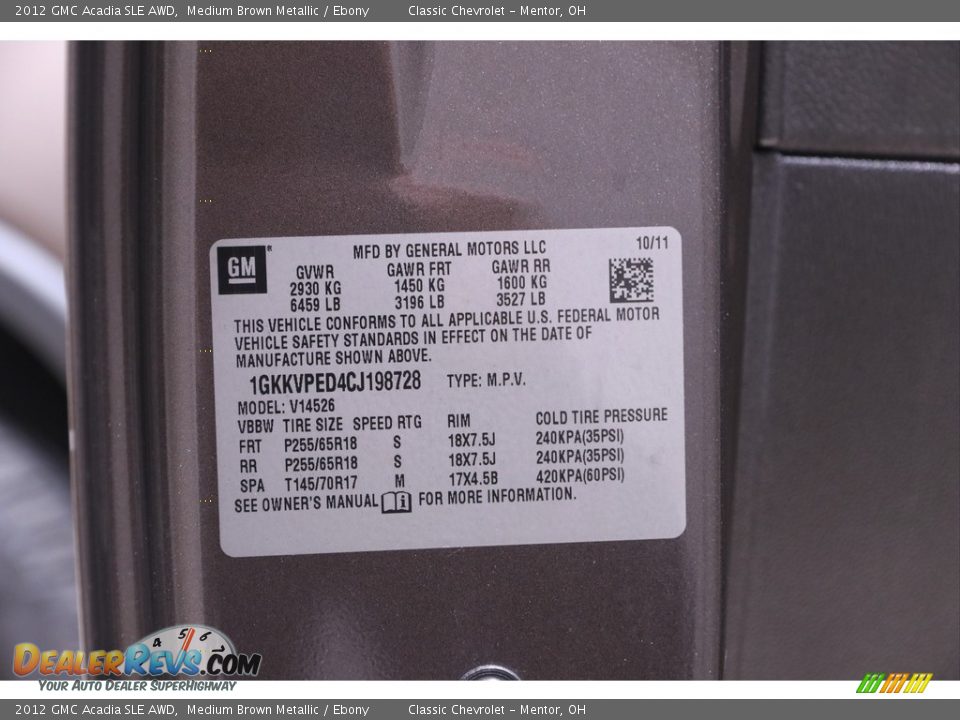 2012 GMC Acadia SLE AWD Medium Brown Metallic / Ebony Photo #19