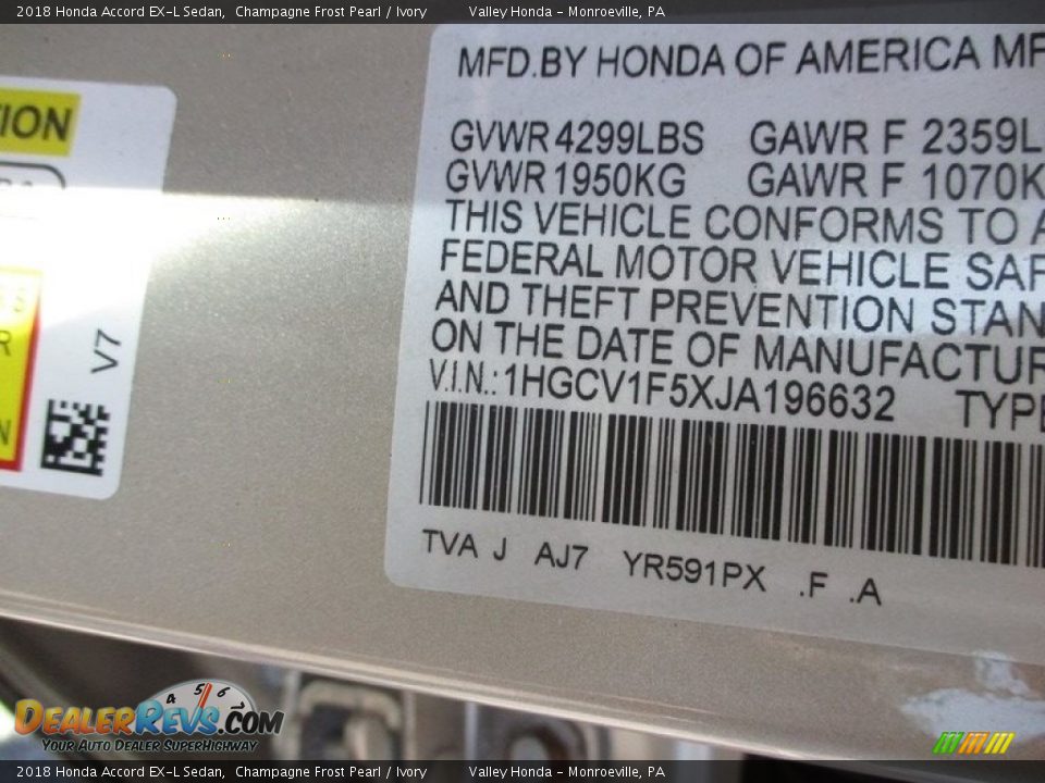 2018 Honda Accord EX-L Sedan Champagne Frost Pearl / Ivory Photo #19