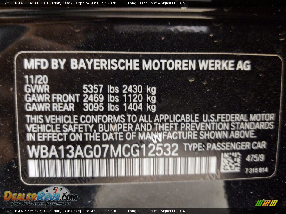 2021 BMW 5 Series 530e Sedan Black Sapphire Metallic / Black Photo #26