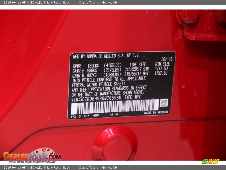 2016 Honda HR-V EX AWD Milano Red / Black Photo #20