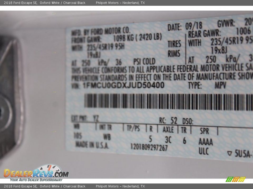 2018 Ford Escape SE Oxford White / Charcoal Black Photo #30
