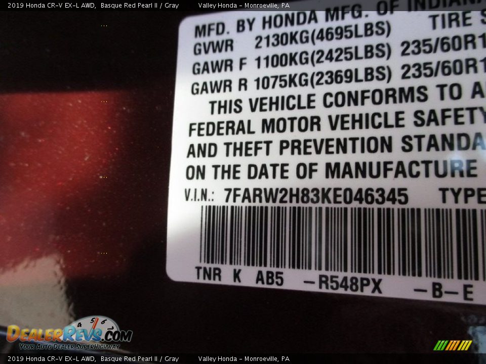 2019 Honda CR-V EX-L AWD Basque Red Pearl II / Gray Photo #19