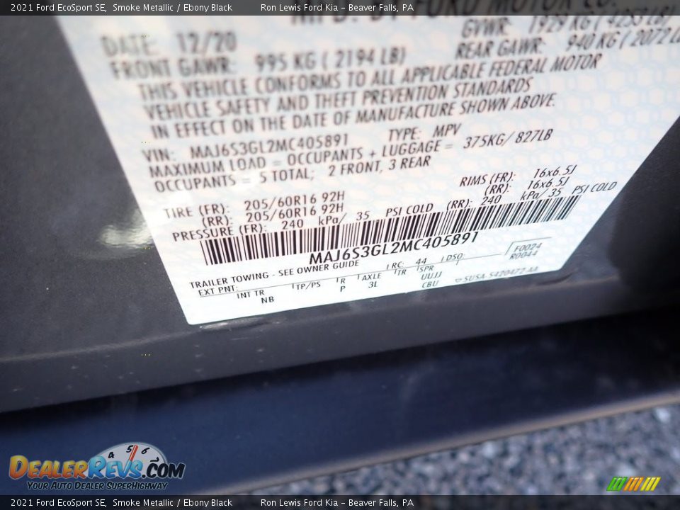 2021 Ford EcoSport SE Smoke Metallic / Ebony Black Photo #15