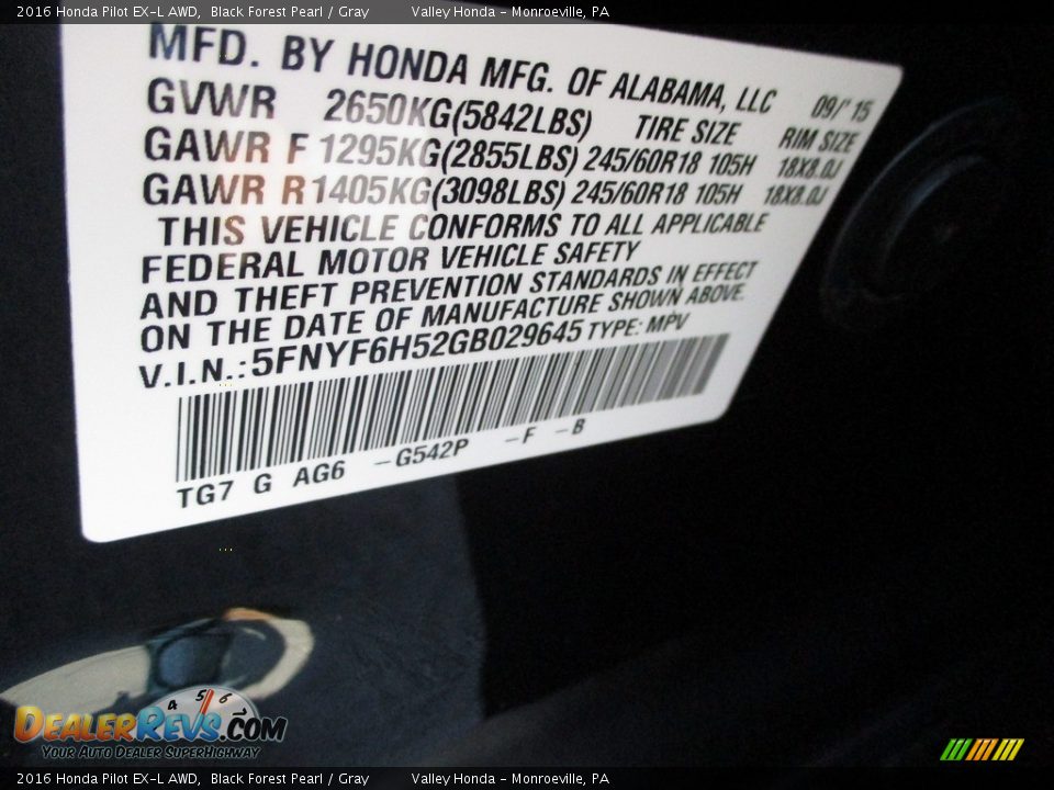 2016 Honda Pilot EX-L AWD Black Forest Pearl / Gray Photo #19