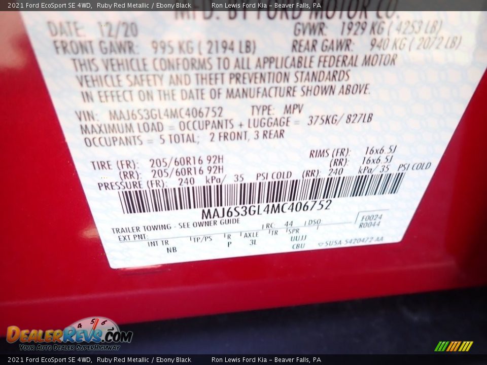 2021 Ford EcoSport SE 4WD Ruby Red Metallic / Ebony Black Photo #16