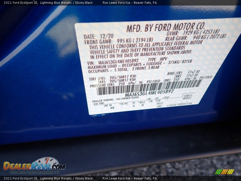 2021 Ford EcoSport SE Lightning Blue Metallic / Ebony Black Photo #16