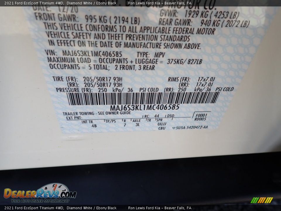 2021 Ford EcoSport Titanium 4WD Diamond White / Ebony Black Photo #16