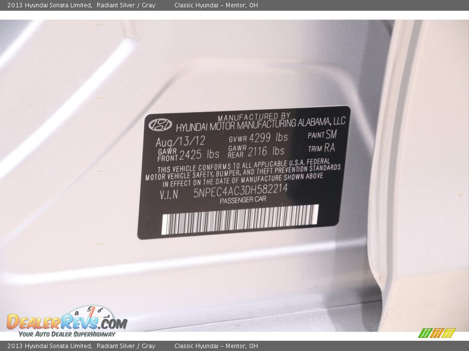 2013 Hyundai Sonata Limited Radiant Silver / Gray Photo #22