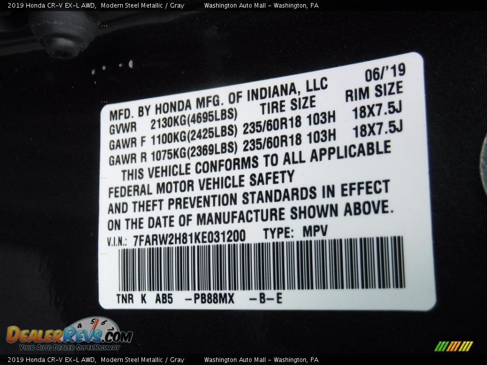 2019 Honda CR-V EX-L AWD Modern Steel Metallic / Gray Photo #29