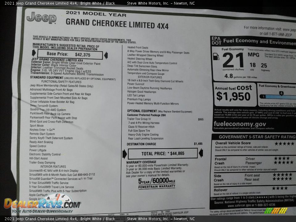 2021 Jeep Grand Cherokee Limited 4x4 Bright White / Black Photo #32