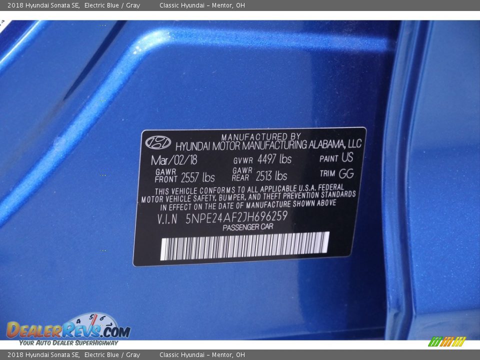 2018 Hyundai Sonata SE Electric Blue / Gray Photo #19