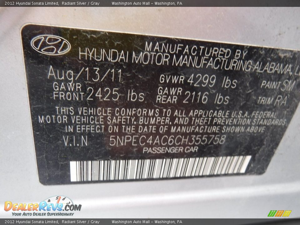 2012 Hyundai Sonata Limited Radiant Silver / Gray Photo #27