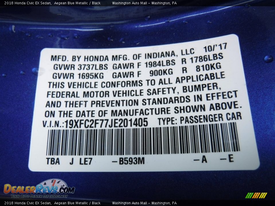 2018 Honda Civic EX Sedan Aegean Blue Metallic / Black Photo #26