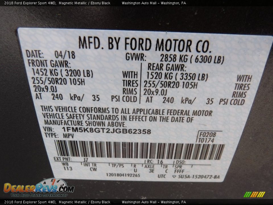 2018 Ford Explorer Sport 4WD Magnetic Metallic / Ebony Black Photo #34