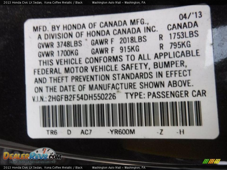 2013 Honda Civic LX Sedan Kona Coffee Metallic / Black Photo #24