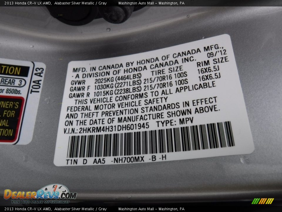 2013 Honda CR-V LX AWD Alabaster Silver Metallic / Gray Photo #26