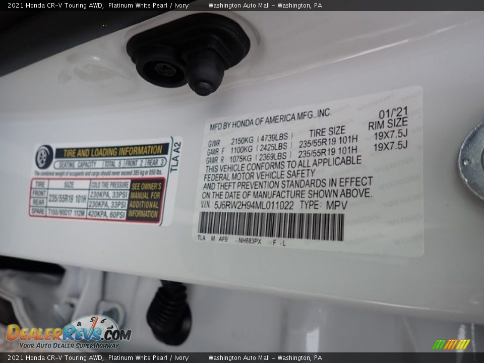 2021 Honda CR-V Touring AWD Platinum White Pearl / Ivory Photo #12