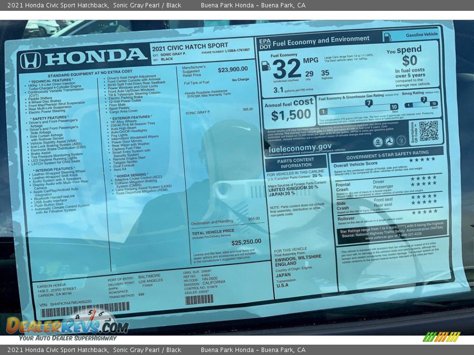 2021 Honda Civic Sport Hatchback Window Sticker Photo #13