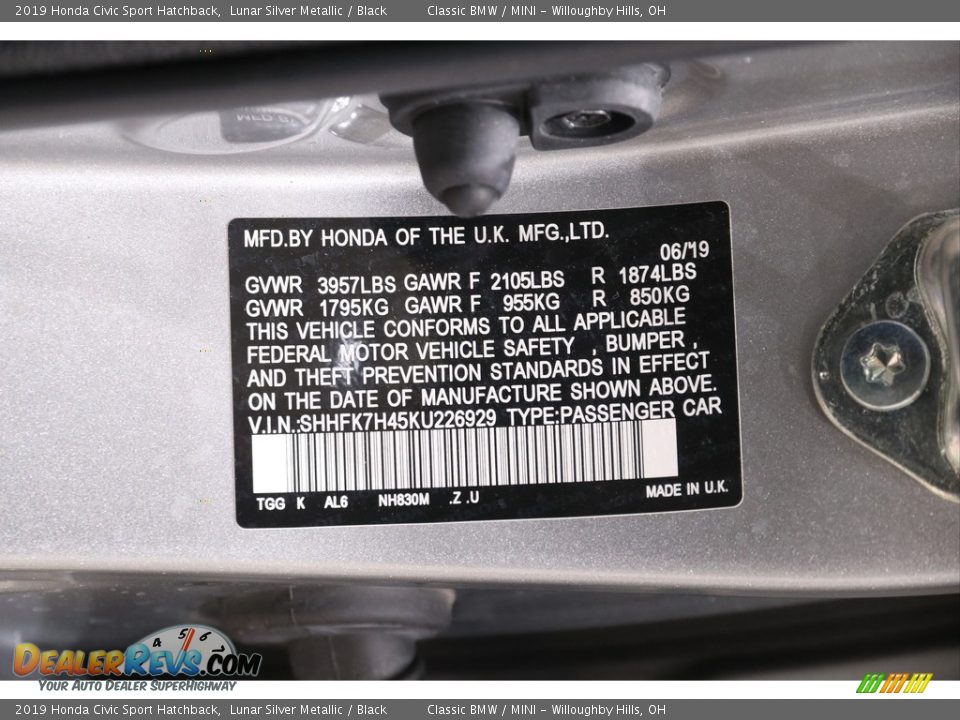 2019 Honda Civic Sport Hatchback Lunar Silver Metallic / Black Photo #21