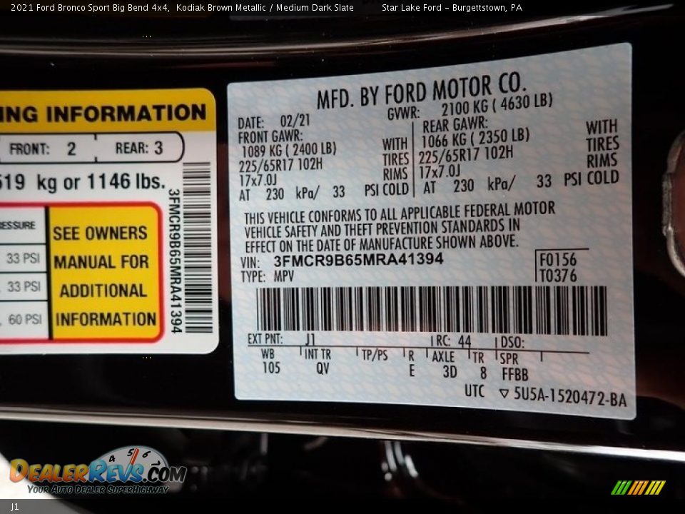 Ford Color Code J1 Kodiak Brown Metallic