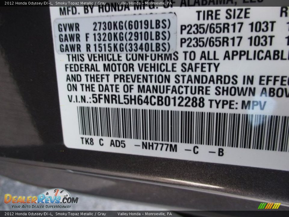 2012 Honda Odyssey EX-L Smoky Topaz Metallic / Gray Photo #19