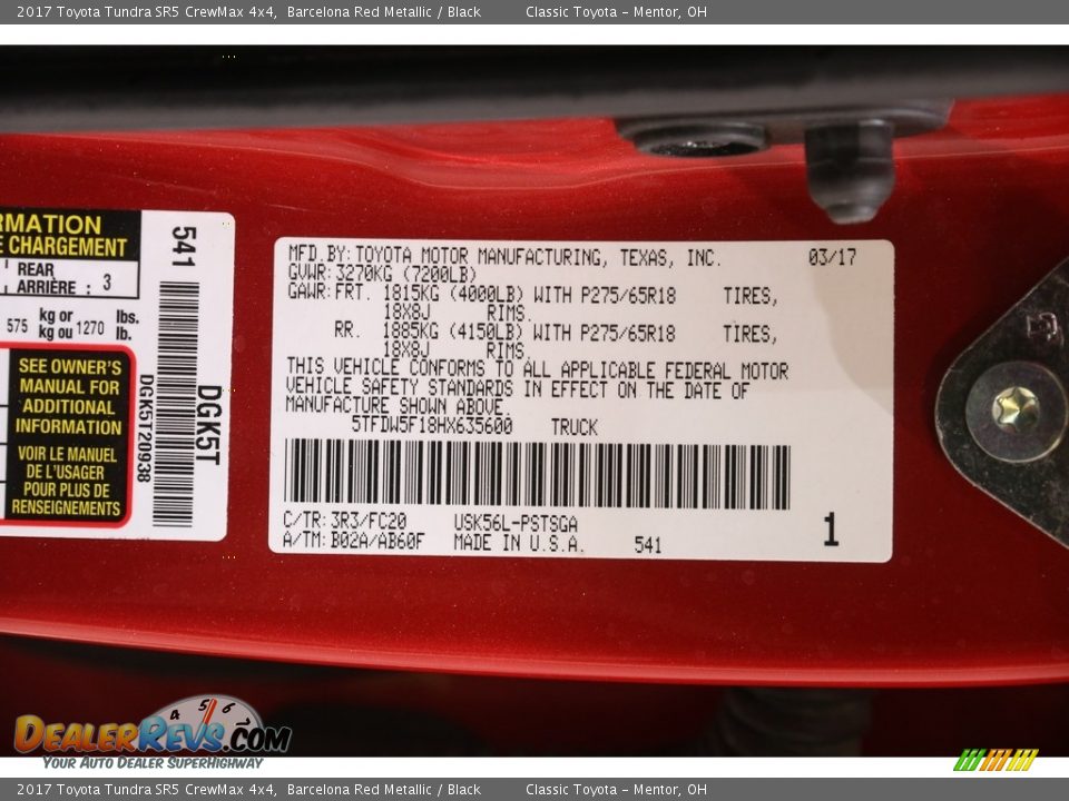 2017 Toyota Tundra SR5 CrewMax 4x4 Barcelona Red Metallic / Black Photo #20