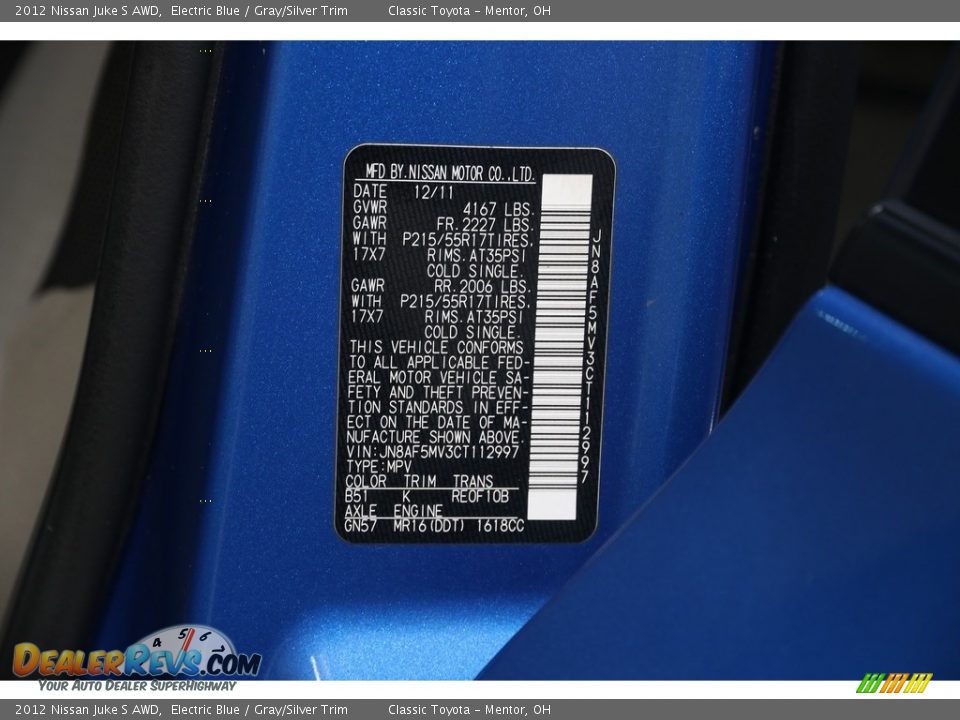 2012 Nissan Juke S AWD Electric Blue / Gray/Silver Trim Photo #21