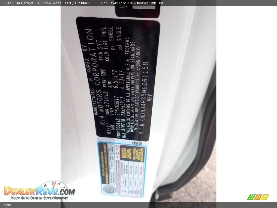 Kia Color Code SWP Snow White Pearl