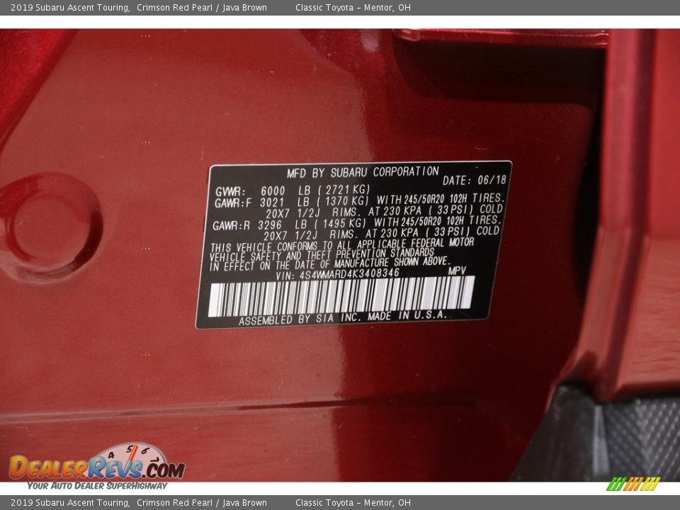 2019 Subaru Ascent Touring Crimson Red Pearl / Java Brown Photo #33