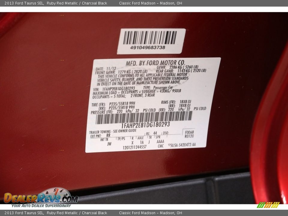 2013 Ford Taurus SEL Ruby Red Metallic / Charcoal Black Photo #20