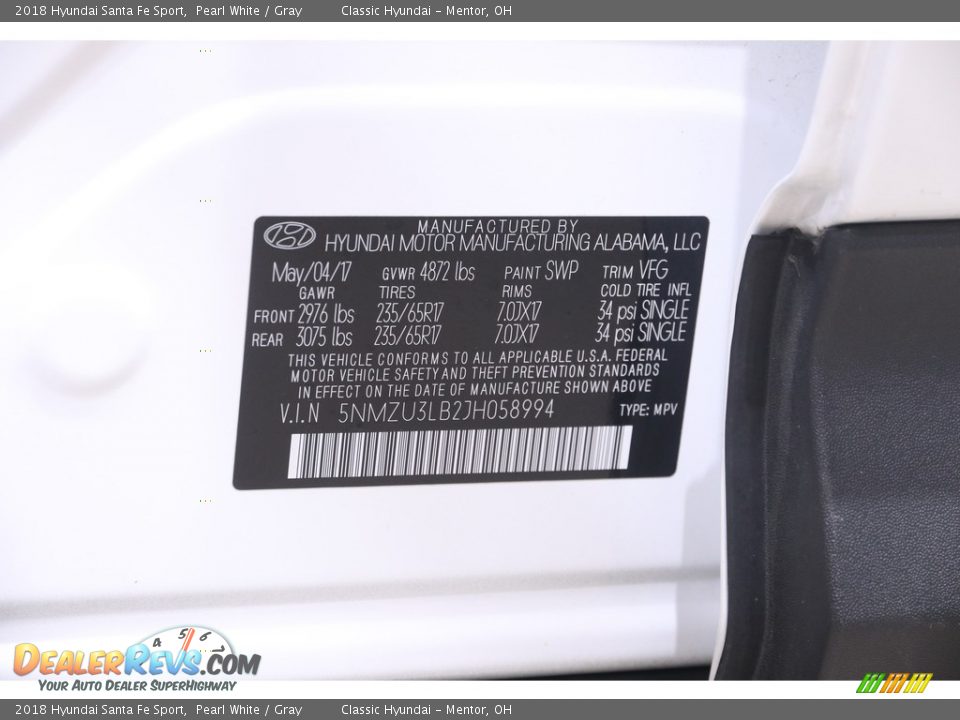 2018 Hyundai Santa Fe Sport Pearl White / Gray Photo #20