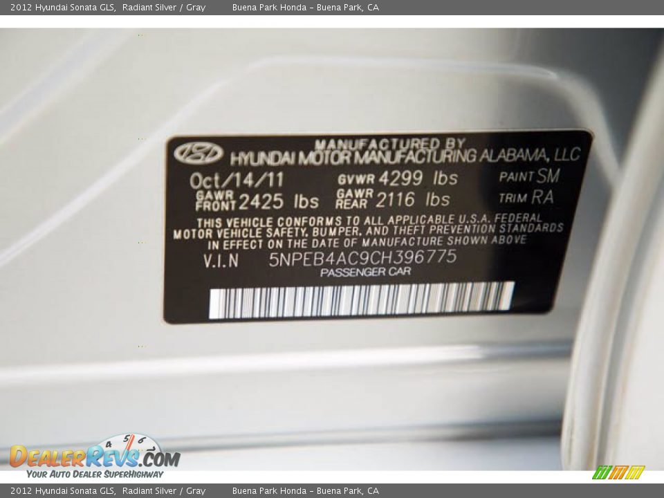2012 Hyundai Sonata GLS Radiant Silver / Gray Photo #36