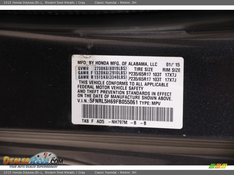 2015 Honda Odyssey EX-L Modern Steel Metallic / Gray Photo #23