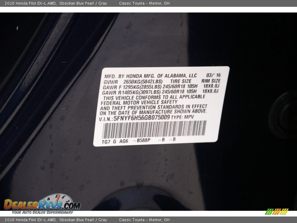 2016 Honda Pilot EX-L AWD Obsidian Blue Pearl / Gray Photo #21