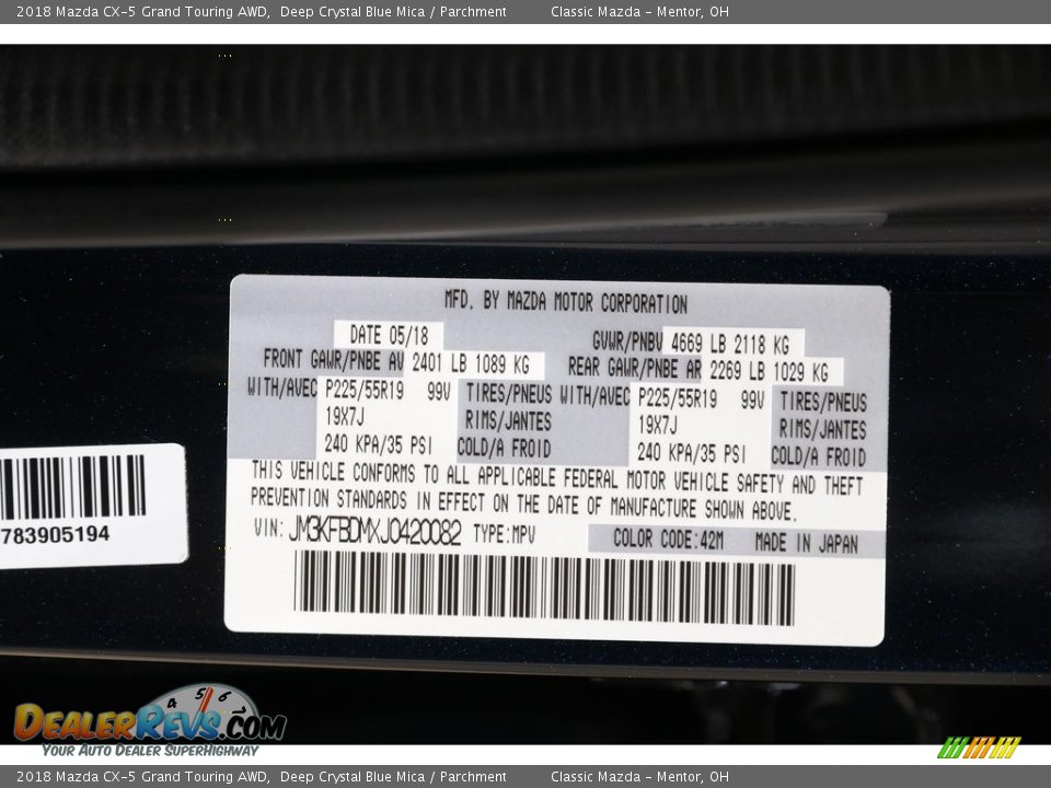 2018 Mazda CX-5 Grand Touring AWD Deep Crystal Blue Mica / Parchment Photo #20