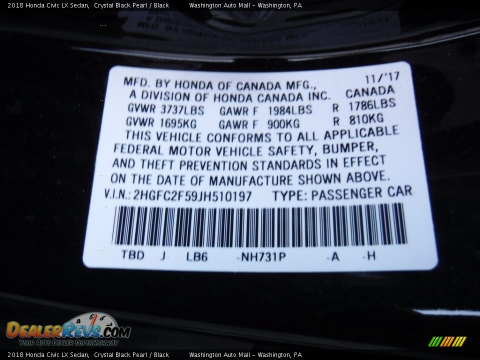 2018 Honda Civic LX Sedan Crystal Black Pearl / Black Photo #24